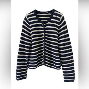 Gap Chunky Cardigan Sweater Navy Striped Gold Buttons Fisherman Nautical Preppy